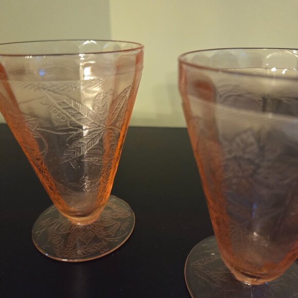 Lot of 3 Jeanette Depression Pink Floral Poinsettia 4" Footed Juice Glasses - Picture 3 of 7